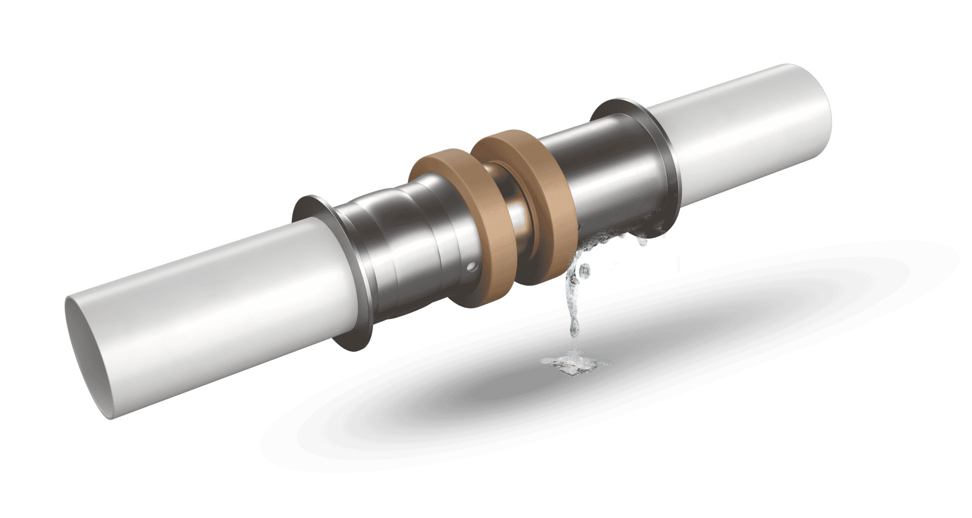 KAN-therm - System Press - Model 3D połączenia press z widokiem prawidłowego połączenia i nie zaciśniętego pierścienia wraz z wyciekiem wody.